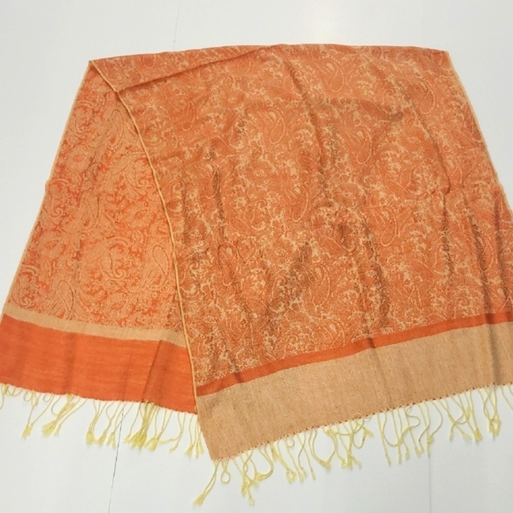 Scarf Wrap Peach Orange Buttery Yellow Pashmina Cashmere Silk Blend Paisley